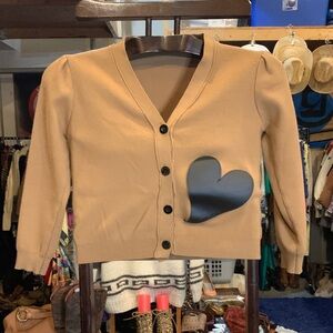 Tan Cardigan Sweater with Black Heart Patch